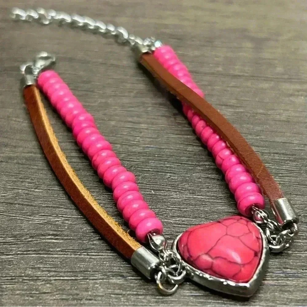 Silver Tone Pink Beads Leather Bands and Pink Heart Stone Bracelet